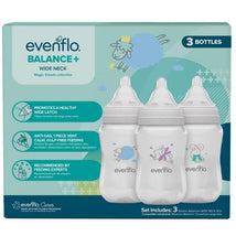Evenflo Feeding 3-pack of 9 oz wide-neck bottles featuring decorated designs of a sheep, rabbit, and mouse.