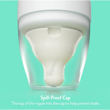 Spill-proof cap design of Evenflo Feeding Balance + Wide Bottle, showing the nipple and description of leak prevention feature.