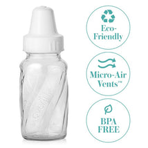 Classic 4 oz glass baby bottle with a white cap, featuring text highlighting eco-friendly, Micro-Air Vents™, and BPA-free attributes.