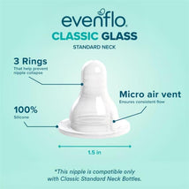 Evenflo Feeding Classic Glass Standard Neck Nipple features 3 rings to prevent collapse, made from 100% silicone, 1.5 inches wide.