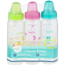 Evenflo Feeding 3-pack of 8 oz Classic Prints bottles featuring colorful designs, measurement markings, and protective caps.