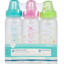 Three Evenflo Feeding 8 oz baby bottles in a clear packaging, featuring colorful caps and measurement markings, designed for comfortable feeding.