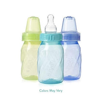 Three Evenflo Feeding classic plastic bottles in assorted colors, 4 oz size, with a twist design. Colors may vary.