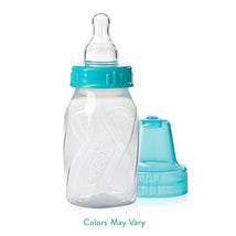 Evenflo Feeding 3Pk Classic Tinted Plastic Bottles, 4 oz, featuring clear bottles with turquoise caps; colors may vary.