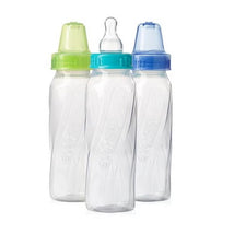 Three Evenflo Feeding 8 oz classic tinted plastic bottles with colorful caps in green, blue, and light blue.