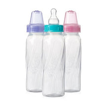 Three Evenflo Feeding 8 oz plastic bottles in clear tinted design, featuring colored lids: purple, teal, and pink.