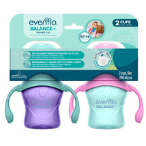 Evenflo Feeding 5 oz Balance Sippy Cups, 2-pack in pink and purple for babies 6 months and older, with ergonomic design.