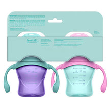 Evenflo Feeding 5 oz balance sippy cups in pink and purple for babies 6 months and older, featuring measurement markings.