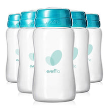 Six Evenflo Feeding 5 oz milk collection bottles with clear bodies and turquoise caps, featuring the Evenflo logo.