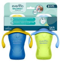 Evenflo Feeding 9 oz baby sippy cups in blue and green, packaged as a 2-pack, designed for small hands.