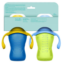 Two Evenflo 9 oz baby sippy cups in blue and green, featuring handles and measurement markings, packaged together.