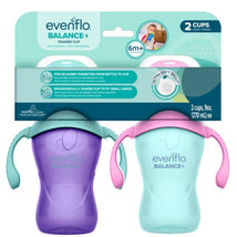 Evenflo Feeding 9 oz baby sippy cups in pink and purple, featuring ergonomic handles and ultra-soft spouts, designed for ages 6 months and up.
