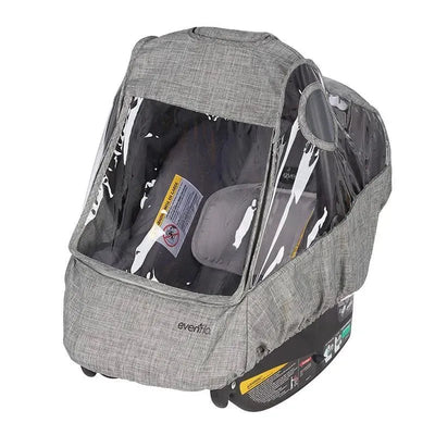 Weather shield cover for Evenflo Infant Carrier in gray melange with clear plastic protection and safety warning label.