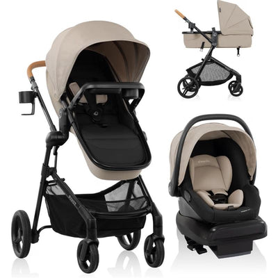 Evenflo Pivot NXT Travel System featuring a stroller and LiteMax NXT infant car seat, both in neutral colors.