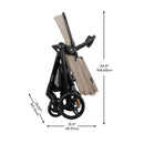 Evenflo Pivot NXT Travel System, features a folded black stroller with a beige canopy, showcasing dimensions on the side.