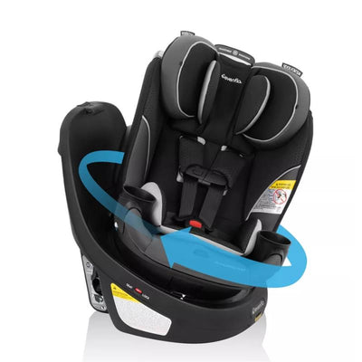 Evenflo Revolve360 Slim 2-in-1 Rotating Convertible Car Seat in Canton Black, featuring adjustable harness and cup holder.
