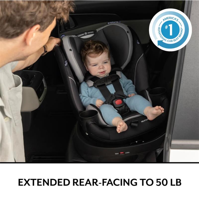 Convertible car seat with a child sitting comfortably; features include extended rear-facing up to 50 lb.