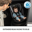 Convertible car seat with a child sitting comfortably; features include extended rear-facing up to 50 lb.