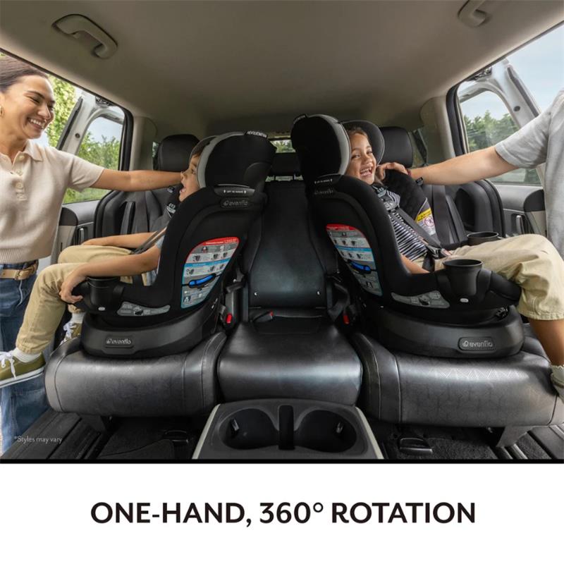 Evenflo Revolve360 Slim 2-in-1 car seat displayed in a vehicle with two children seated, highlighting its 360-degree rotation feature.