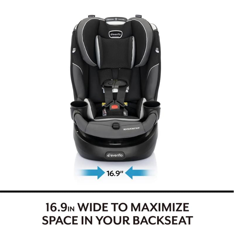 Evenflo Revolve360 Slim 2-in-1 Rotating Convertible Car Seat in Canton Black, measuring 16.9 inches wide for space efficiency.