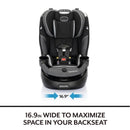 Evenflo Revolve360 Slim 2-in-1 Rotating Convertible Car Seat in Canton Black, measuring 16.9 inches wide for space efficiency.