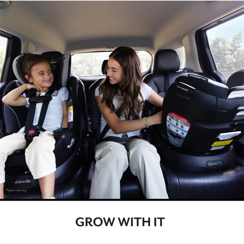Evenflo Revolve360 Slim 2-in-1 Rotating Convertible Car Seat shown in a vehicle with two children smiling and seated.