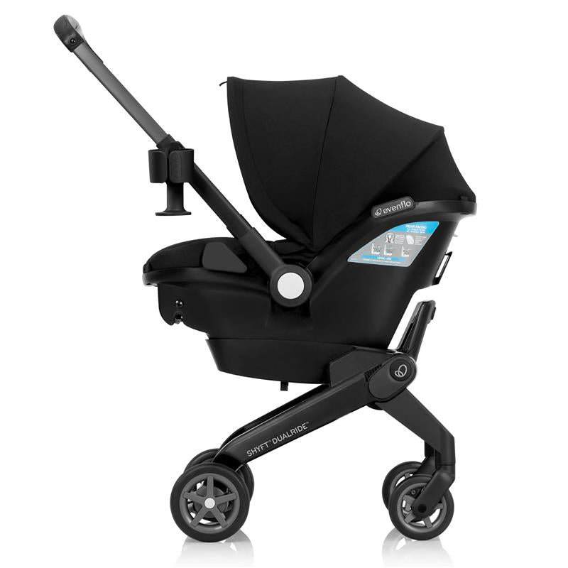Evenflo Shyft Dualride Infant Car Seat & Stroller Combo in Beaufort Black with adjustable canopy and visible safety features.