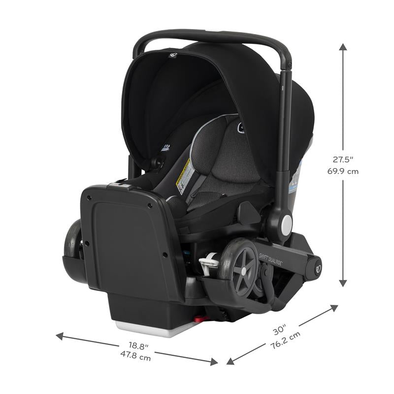 Evenflo Shyft Dualride Infant Car Seat & Stroller Combo in Beaufort Black, featuring dimensions and safety details.