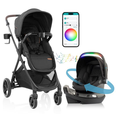 Evenflo Shyft Intuiti Travel System features a black stroller with a LiteMax NXT Infant Car Seat and a smartphone displaying settings.