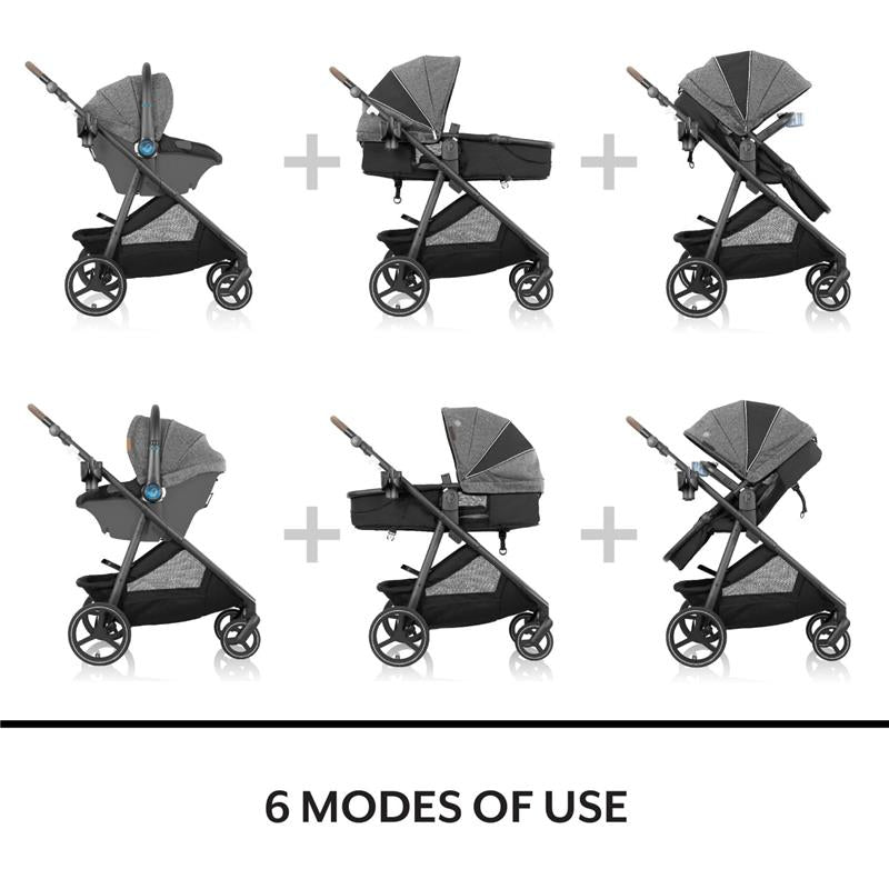 Evenflo Shyft Intuiti Travel System showcasing 6 modes of use, featuring Jasper Black stroller and detachable infant car seat.