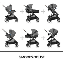 Evenflo Shyft Intuiti Travel System showcasing 6 modes of use, featuring Jasper Black stroller and detachable infant car seat.