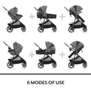 Evenflo Shyft Intuiti Travel System showcasing 6 modes of use, featuring Jasper Black stroller and detachable infant car seat.