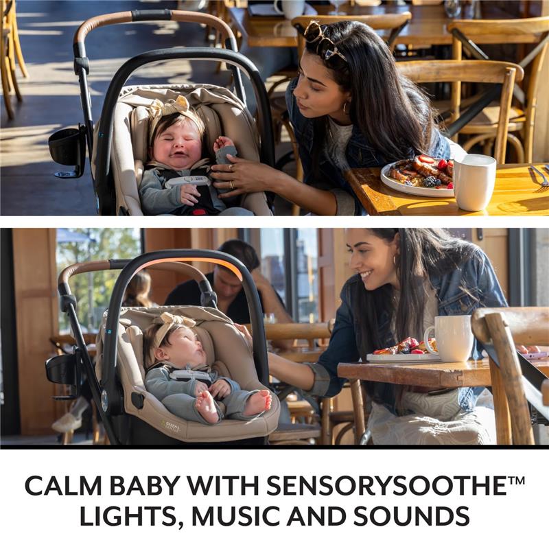 Evenflo Shyft Intuiti Travel System with LiteMax NXT Infant Car Seat, featuring a calm baby and a parent interacting in a café.