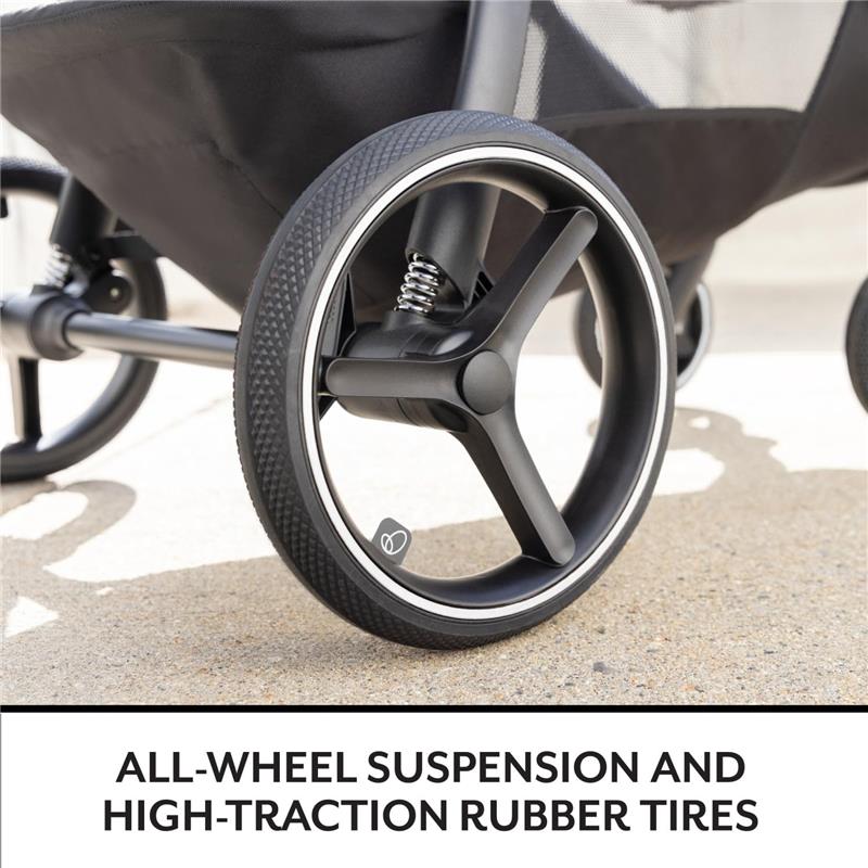 All-wheel suspension system with high-traction rubber tires on the Evenflo Shyft Intuiti Travel System.