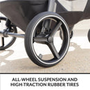 All-wheel suspension system with high-traction rubber tires on the Evenflo Shyft Intuiti Travel System.