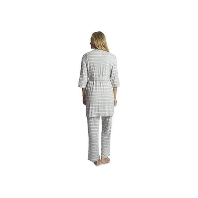 Maternity and nursing pajama pant set in heather grey, featuring a striped design, worn by a woman from the back.