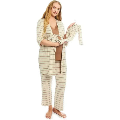 Maternity and nursing pajama pant set in mocha stripe, worn by a smiling woman holding a matching baby outfit.