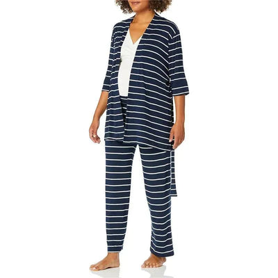 Maternity and nursing pajama pant set by Everly Grey, featuring navy stripes, model wearing the outfit with a baby bump.