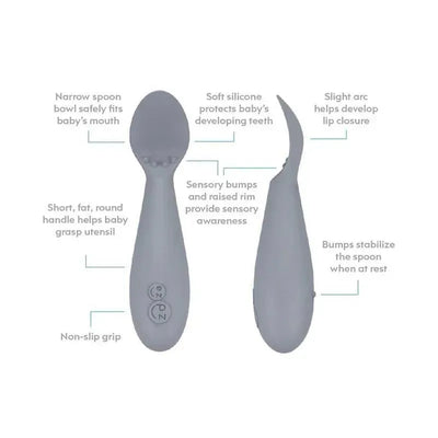 Blue Ezpz Happy Mats Tiny Spoon 2-Pack, featuring soft silicone, sensory bumps, non-slip grip, and child-friendly design.
