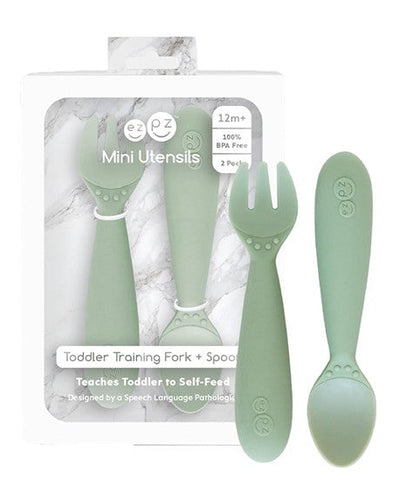 Toddler training fork and spoon set in sage color, designed for self-feeding, BPA free, suitable for ages 12 months and up.