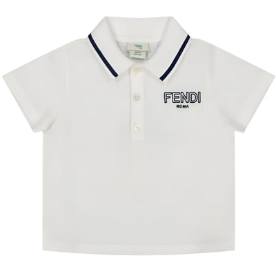 White short sleeve polo tee for baby boys featuring Fendi logo and navy collar detailing.