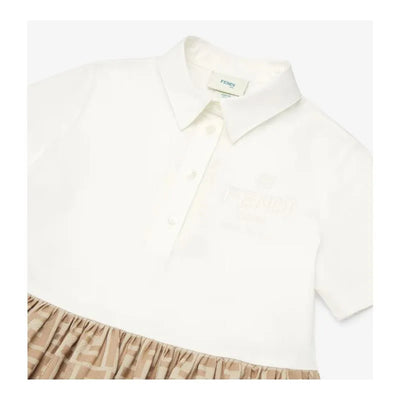 Short sleeve dress for baby girls by Fendi, featuring a white top with buttons and a beige patterned skirt.