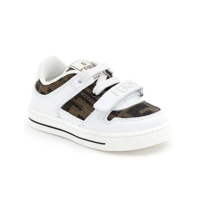 Fendi Baby Babylace Up Velcro sneakers feature white leather and a brown FF logo pattern, designed for infants.