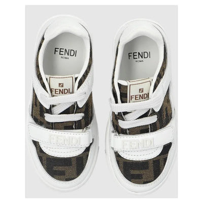 Fendi Baby Babylace Up Velcro sneakers featuring a brown FF logo design and white accents.