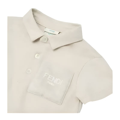 Beige cotton jersey baby polo shirt featuring a chest pocket and Fendi logo in white.