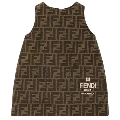 Brown dress featuring an allover Fendi FF logo print, with Fendi Roma and Made in Italy embroidery.