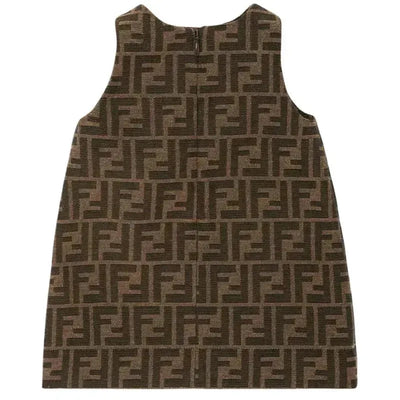 Brown sleeveless dress featuring an allover Fendi FF logo print, suitable for casual infant wear.