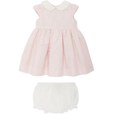Cotton jacquard baby dress in pink with cap sleeves and a white collar, paired with matching white diaper cover.