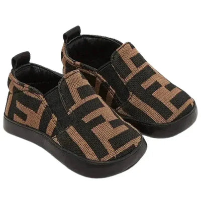 Fendi Baby FF Allover Slip On Crib Shoe in brown and black, featuring a logo pattern and flexible black rubber sole.