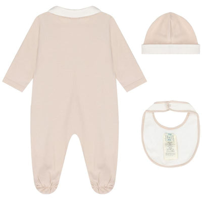 Fendi baby footie, bib, and hat set in soft beige with a contrasting white collar and details, featuring a bear graphic.